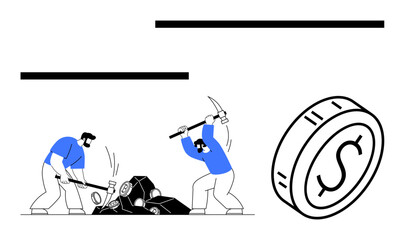 Workers breaking rocks with tools next to a large coin, symbolizing wealth creation and resource extraction. Ideal for finance, industry, investment, labor, economy, growth, abstract line flat