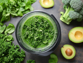 Delicious green herbal smoothie being blended