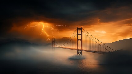 Obraz premium A dramatic stormy scene featuring a massive suspension bridge, lightning striking in the background, waves crashing against its pillars, symbolizing resilience against the forces of nature, 