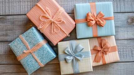 Colorful wrapped gifts on a rustic wooden table.