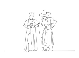 A couple wearing hanbok and greeting in continuous one line drawing. Single line art draw of Couple in traditional korean dresses. Editable vector.