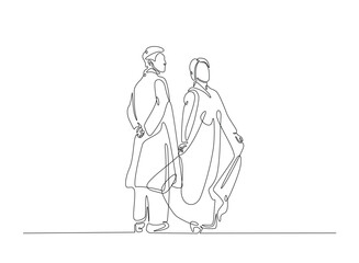 A couple wearing hanbok and greeting in continuous one line drawing. Single line art draw of Couple in traditional korean dresses. Editable vector.