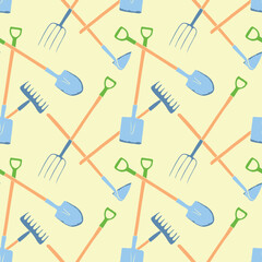 Seamless pattern with garden equipment. Shovels, spades, rakes, hoes, pitchforks. Vector backgrounds and textures with tools for working on the farm, in dacha, country site in flat doodle style.