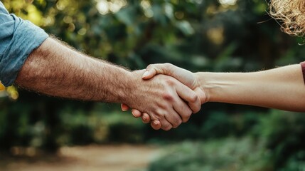 Two people shaking hands with mutual respect, both smiling and showing positive body language.