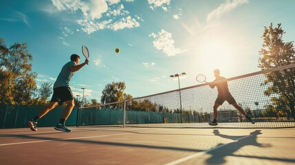 Two players in mid-action, playing pickleball under the sun, with a net dividing the court