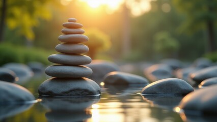 Obraz premium This minimalist photograph captures the beauty of carefully stacked stones in a Zen garden, illuminated by the gentle sunset glow, reflecting the tranquil and balanced essence of Zen Buddhism.