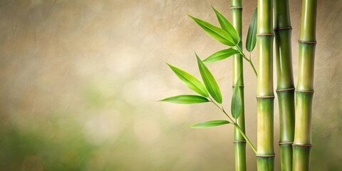 Serene Bamboo Stalks and Lush Green Foliage Against a Soft, Textured Background