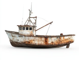 Rusty old fishing boat isolated on white.