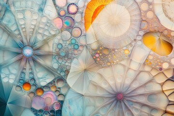 Obraz premium Abstract art featuring intricate patterns of circles, radiating lines, and pastel colors creating a mesmerizing visual experience.