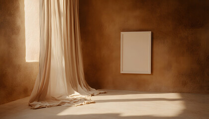 serene artistic setup featuring white frame and soft curtains