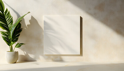 minimalist artistic setup featuring blank white frame and green plant