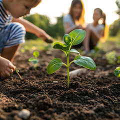 Young gardeners planting seedlings in vibrant community garden