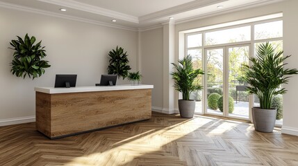 Modern Reception Desk in sunlit Lobby
