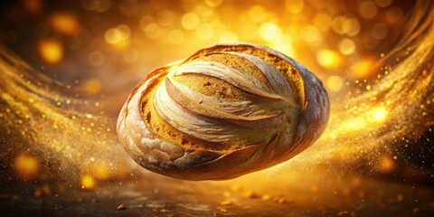 Golden hour bathes surreal bread, afloat in a dreamy bakery, a still life of artistic culinary magic.