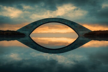 A serene sunset reflected in a calm lake, framed by a minimalist concrete arch bridge.