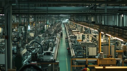 Naklejka premium Industrial Factory with Conveyor Belts and Machinery