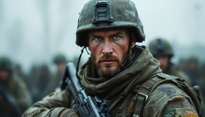 Obraz premium Grizzled Soldier with Rifle in Combat Zone