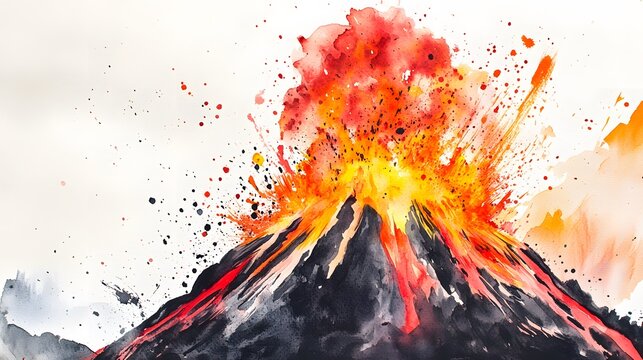 Volcanic Eruption Watercolor Painting of Fiery Lava Flow - Powered by Adobe
