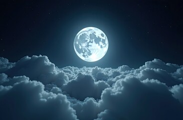 A bright full moon shines above soft, billowing clouds. Conveys a sense of peace, tranquility, night, and dreams. Suitable for meditation websites, sleep aid apps, or designs needing a calming and ser