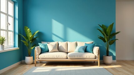 Sunlight Illuminates a Tranquil Living Room Featuring a Comfortable Sofa, Accented with Lush Greenery and a Soft Rug