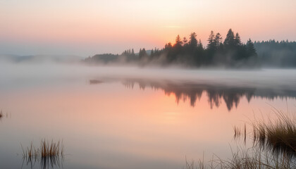 Obraz premium Serene Lake Landscape with Mist and Trees at Sunrise