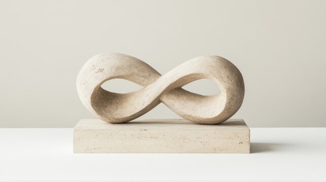 Stone infinity sculpture on table, neutral background, concept art