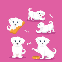 Five cute cartoon dogs in various poses Adorable puppy collection vector illustration