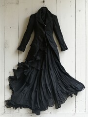 Naklejka premium Elegant black dress hanging on a white wall.