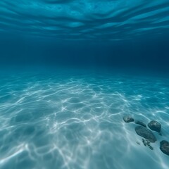 Stunning Underwater Scene,  Sunlit Ocean Floor with Rocks