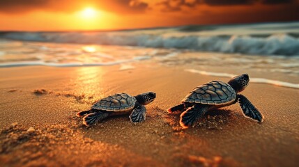 Two Baby Sea Turtles Crawling on a Sandy Beach at Sunset