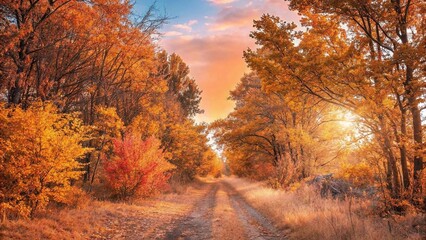 Sunlit Autumn Path with Vibrant Foliage