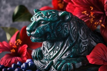 Intricate jade carving of a mythical creature, surrounded by vibrant red hibiscus flowers and dark blue berries.