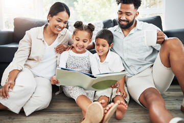 Family, kids and reading book in home, care and support with english education on floor of lounge....
