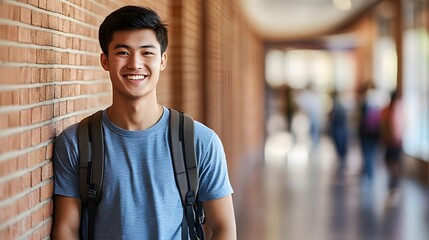 Smiling Asian College Student Brick Wall Backpack