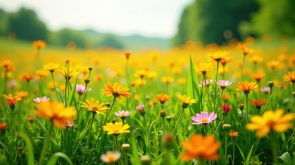 Fototapeta premium Vibrant Wildflower Meadow in Sunny Sunlight, a Delightful Display of Nature's Beauty, Featuring a Lush Green Field with Blooming Flowers