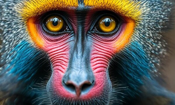 Close-up of a vibrant mandrill monkey showcasing striking facial features