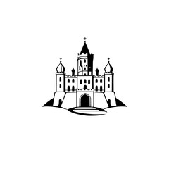 Obraz premium Majestic Fairytale Castle: A Medieval Fortress on a Hill. Explore the ancient architecture and rich history of this iconic landmark. A royal palace steeped in heritage and fantasy.