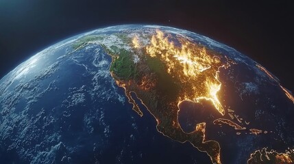 Satellite view of Earth showcasing wildfire effects across North America and highlighting environmental impact and climate change challenges