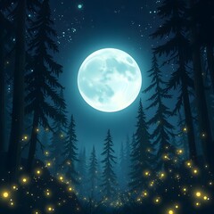 Luna llena y luciérnagas en el bosque