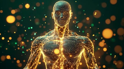 Glowing Human Figure with Sparks and Lights in Dark Background