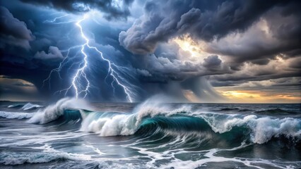 Fototapeta premium Dramatic Ocean Waves Crashing During a Powerful Thunderstorm with Brilliant Lightning Bolts