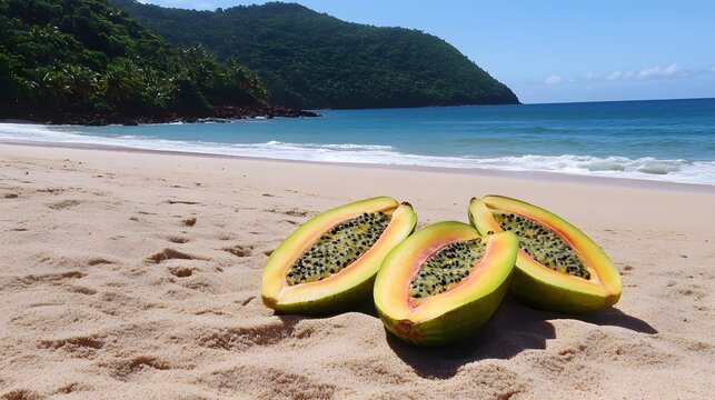 Tropical Beach Paradise,  Juicy Passion Fruit on Sandy Shore