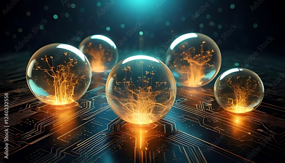 Fototapete glows from organic structures within transparent spheres are placed on a circuit pattern with a cool