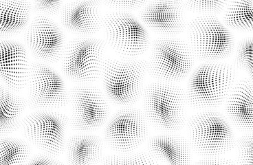 Monochrome texture with dots. Optical dot pattern. Spotted gradient background. Wavy halftone effect. Black white banner. Futuristic pop art print. Vector illustration.