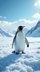 Obraz premium Majestic King Penguin Standing on Pristine Snow in a Frosty Landscape Under a Bright Sky