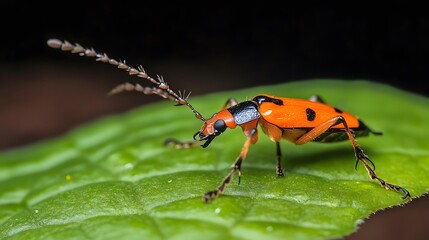 Fototapeta premium Macro Photography of Vibrant Orange Beetle on Green Leaf