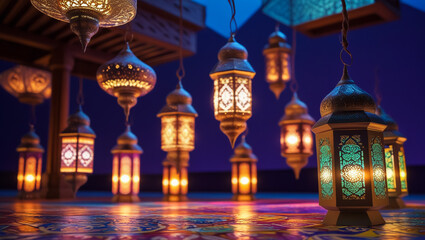 Obraz premium Colorful lamp on celebration festival.Arabic lamp lighting with colors on muslim lantern shining in the cafe and restaurant.