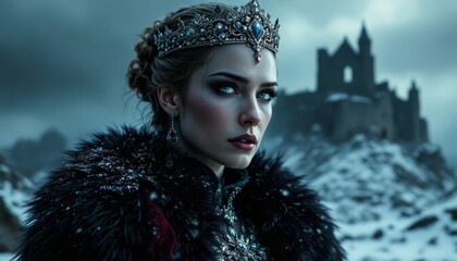 Majestic Queen in Winter Landscape Dramatic Portrait