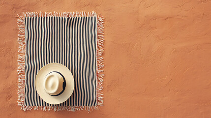 Straw hat on striped mat, terracotta wall. Summer vacation