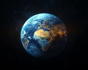 Fototapeta premium Earth from space with continents and oceans glowing, soft light reflections, digital world map overlay, global connectivity theme, highdefinition, 8K UHD